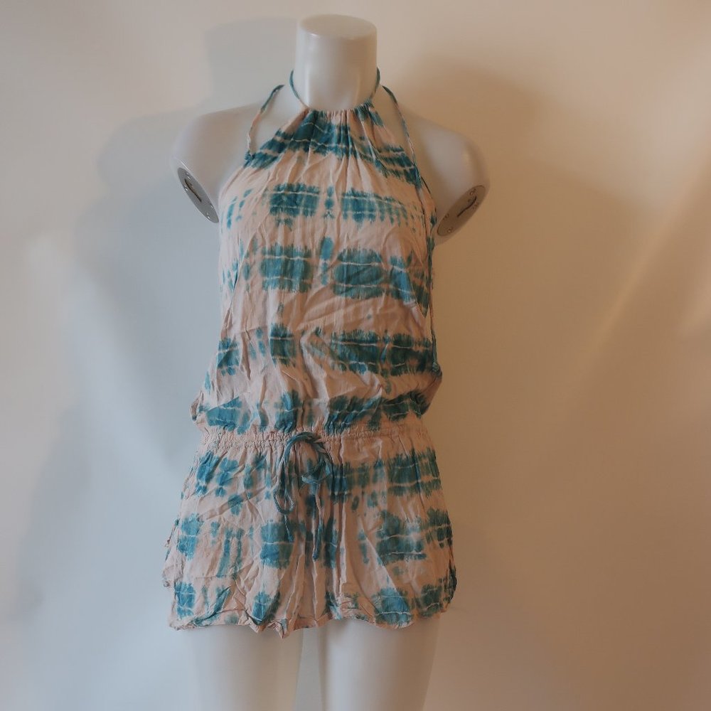 Womens Blue Life Beige Teal Blue Tie Dye Halter Top XS *